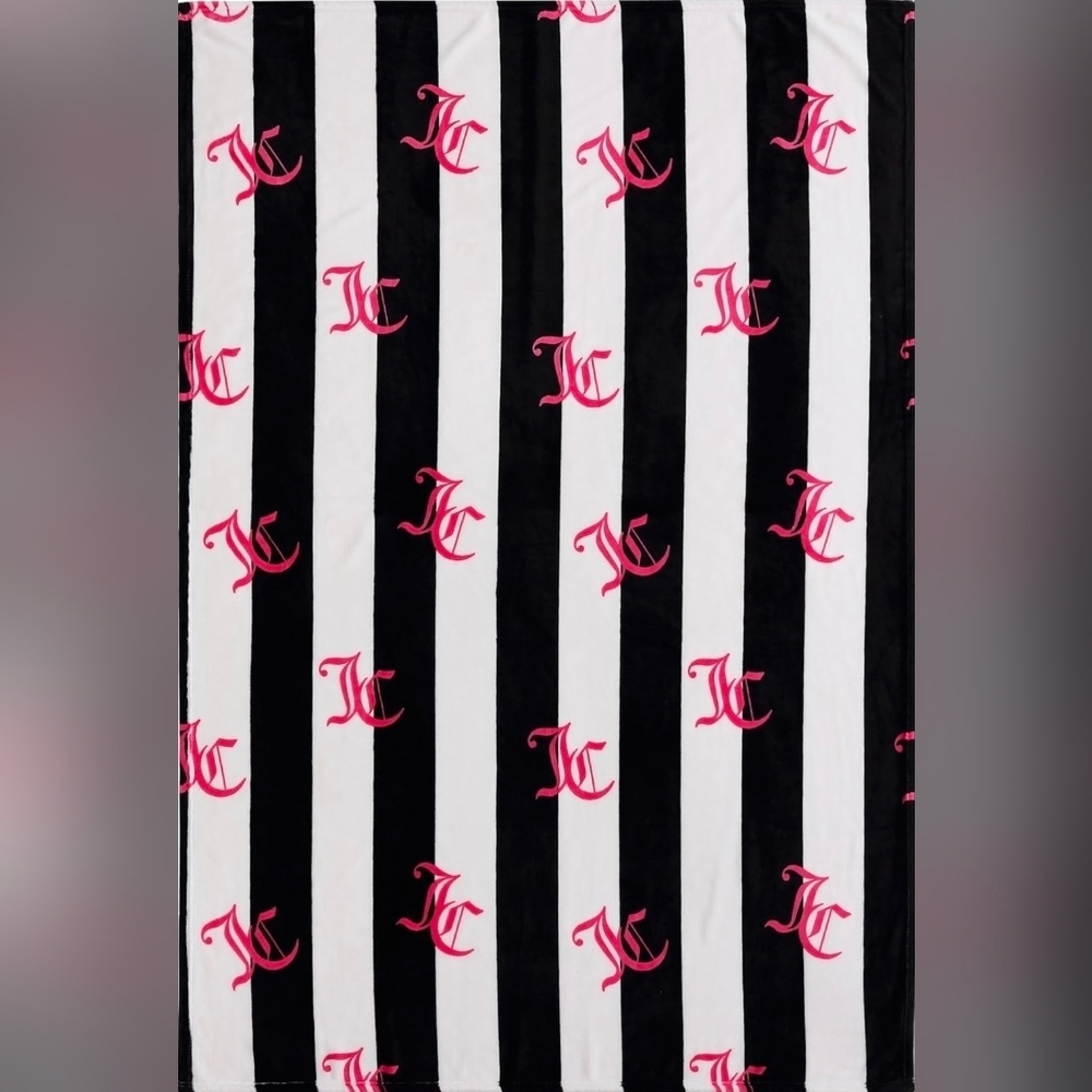 Juicy Couture Cabana Plush Black Striped Throw with Pink Accent, 50" x 70", New - Picture 2 of 3